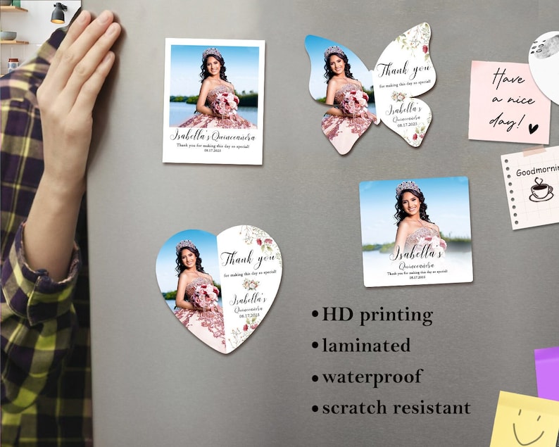 May include: Set of four personalized quincea&ntilde;era magnets featuring a young woman in a pink dress. The magnets are in the shapes of a square, rectangle, butterfly, and heart. The text on the magnets reads "Isabella's Quinceanera" and "Thank you for making this day so special".