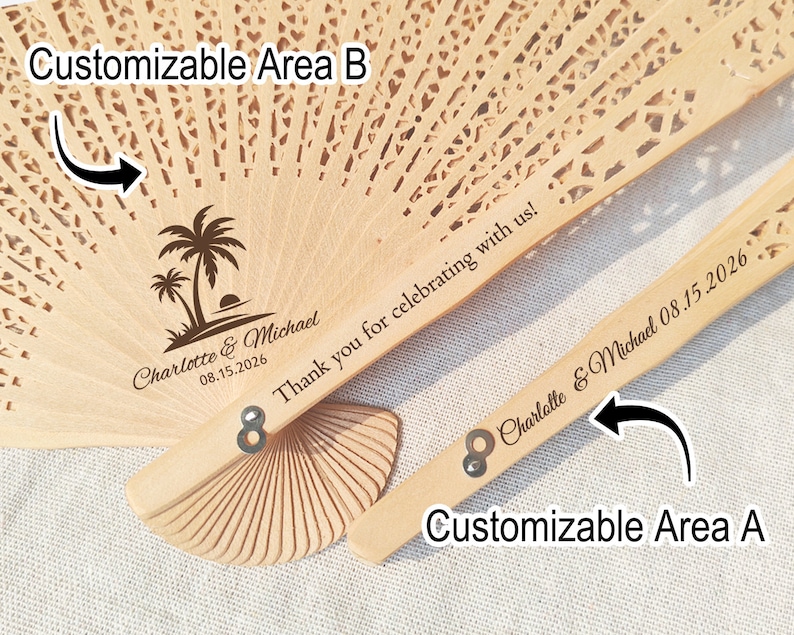 May include: A wooden hand fan with a palm tree design and the text "Charlotte & Michael 08.15.2026" on the front. The back of the fan has the text "Thank you for celebrating with us!" and "Charlotte & Michael 08.15.2026".
