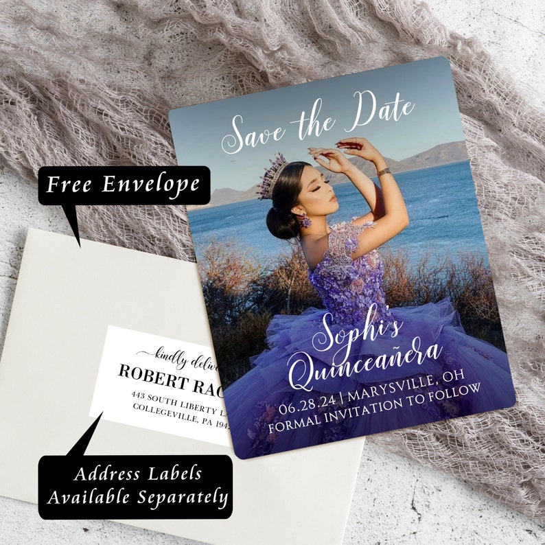 May include: Save the Date card for a Quincea&ntilde;era. The card features a photo of a young woman in a purple dress with a crown on her head. The text on the card reads "Sephi's Quincea&ntilde;era" and "06.28.24 | MARYSVILLE, OH FORMAL INVITATION TO FOLLOW".