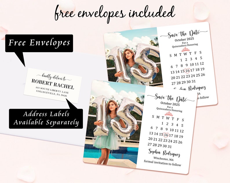 May include: Save the Date card for a Quincea&ntilde;era. The card features a silver number 15 balloon and a calendar with the date October 2025. The text "Save the Date" is written in a cursive font. The card is decorated with a pink crown and the text "For a Quincea&ntilde;era Honoring" is written in a bold font.