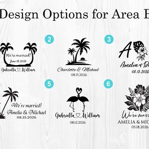 May include: Six different design options for a wedding or anniversary gift. The designs feature palm trees, flamingos, flowers, and initials. The text includes the names of the couple and the date of their wedding or anniversary.