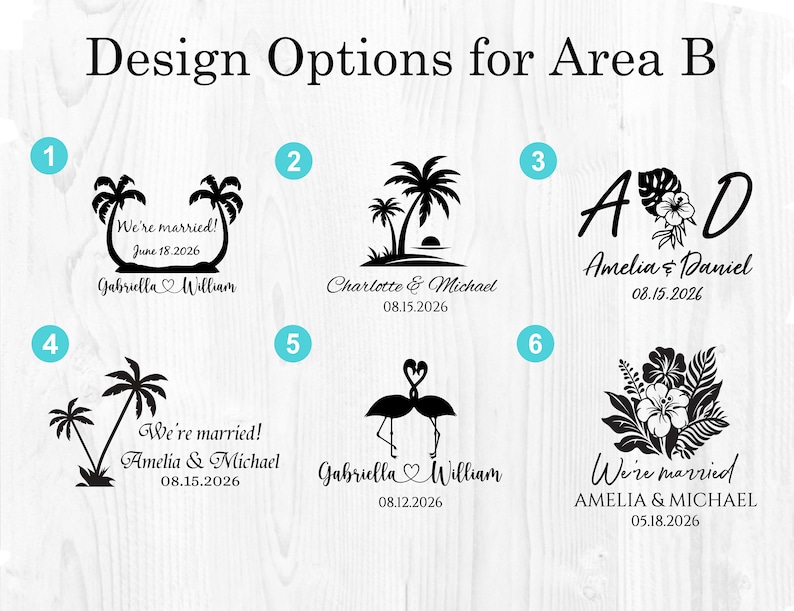 May include: Six different design options for a wedding or anniversary gift. The designs feature palm trees, flamingos, flowers, and initials. The text includes the names of the couple and the date of their wedding or anniversary.