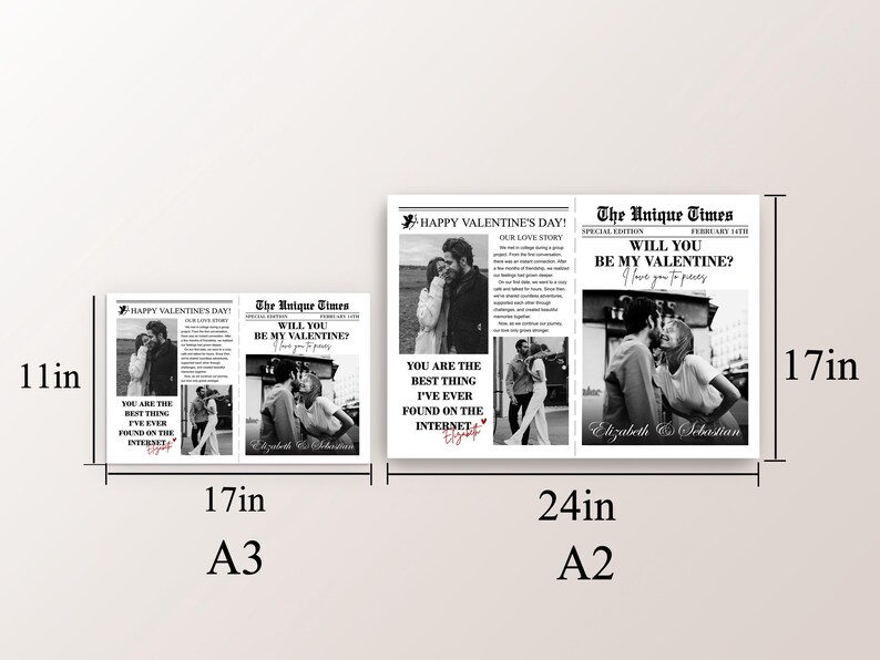May include: Newspaper-style prints with romantic photos and text. The prints, available in 11x17 inch and 17x24 inch sizes, feature headlines like "Happy Valentine's Day!" and "Will You Be My Valentine?" with the text "You are the best thing I've ever found on the internet."