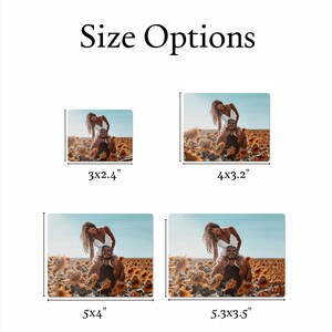 May include: Four different size options for a photo print of a couple in a field of sunflowers. The couple is standing in a field of sunflowers, the woman is on the man's shoulders. The sizes are 3x2.4 inches, 4x3.2 inches, 5x4 inches, and 5.3x3.5 inches.