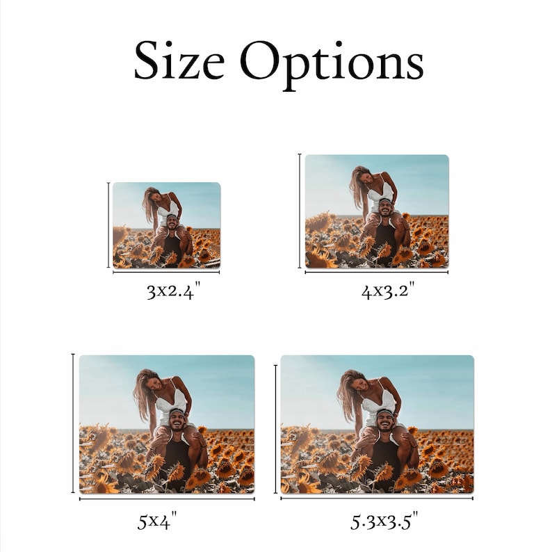 May include: Four different size options for a photo print of a couple in a field of sunflowers. The couple is standing in a field of sunflowers, the woman is on the man's shoulders. The sizes are 3x2.4 inches, 4x3.2 inches, 5x4 inches, and 5.3x3.5 inches.