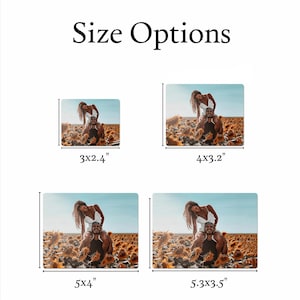 May include: Four different size options for a photo print of a couple in a field of sunflowers. The couple is standing in a field of sunflowers, the woman is on the man's shoulders. The sizes are 3x2.4 inches, 4x3.2 inches, 5x4 inches, and 5.3x3.5 inches.