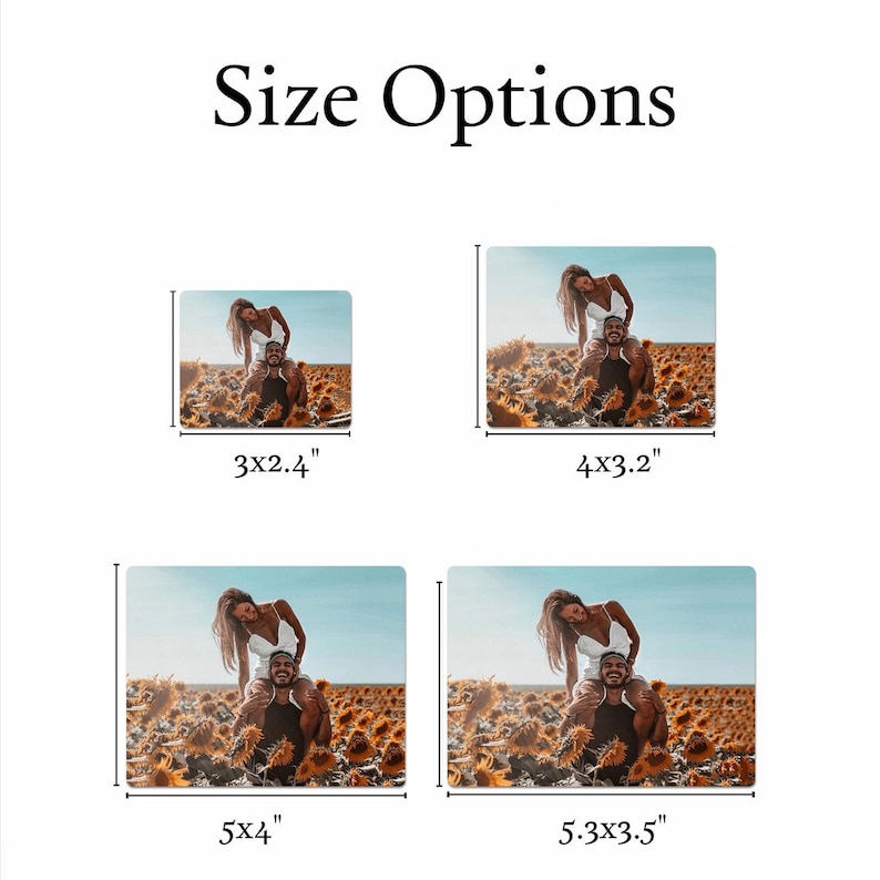 May include: Four different size options for a photo print of a couple in a field of sunflowers. The couple is standing in a field of sunflowers, the woman is on the man's shoulders. The sizes are 3x2.4 inches, 4x3.2 inches, 5x4 inches, and 5.3x3.5 inches.