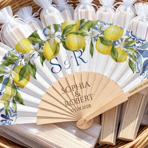Personalized Lemon Hand Fans for Summer Weddings, Mediterranean Wedding Favors, Bridal Shower Gifts,Bulk Silk Fans for Events & Celebrations