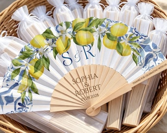 Personalisierte Zitronen-Handfächer für Sommerhochzeiten, mediterrane Hochzeitsgeschenke, Brautpartygeschenke, Massenseidenfächer für Veranstaltungen Feiern