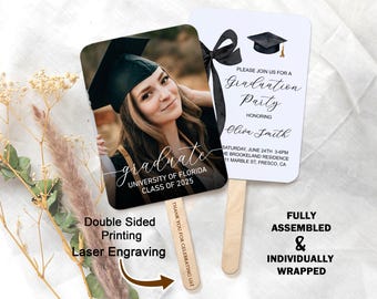 Custom Graduation Photo Handle Fans/Congrats Grad Hand Fans/Class of 2025 Grad Party Favor Fans/Celebration  Fans with Engraved Handle