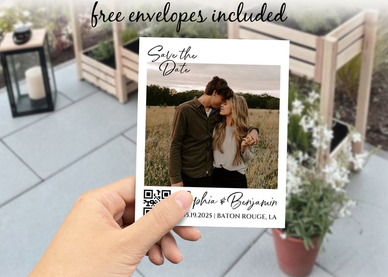 May include: Save the Date card featuring a photograph of a couple in a field. The card includes the couple's names, "Sophia & Benjamin", the date "5.19.2025", and the location "BATON ROUGE, LA".