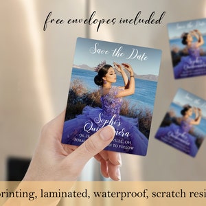 May include: Purple and gold save the date card with a photo of a young woman in a purple dress and crown. The text on the card reads "Save the Date" and "Sephi's Quincea&ntilde;era".