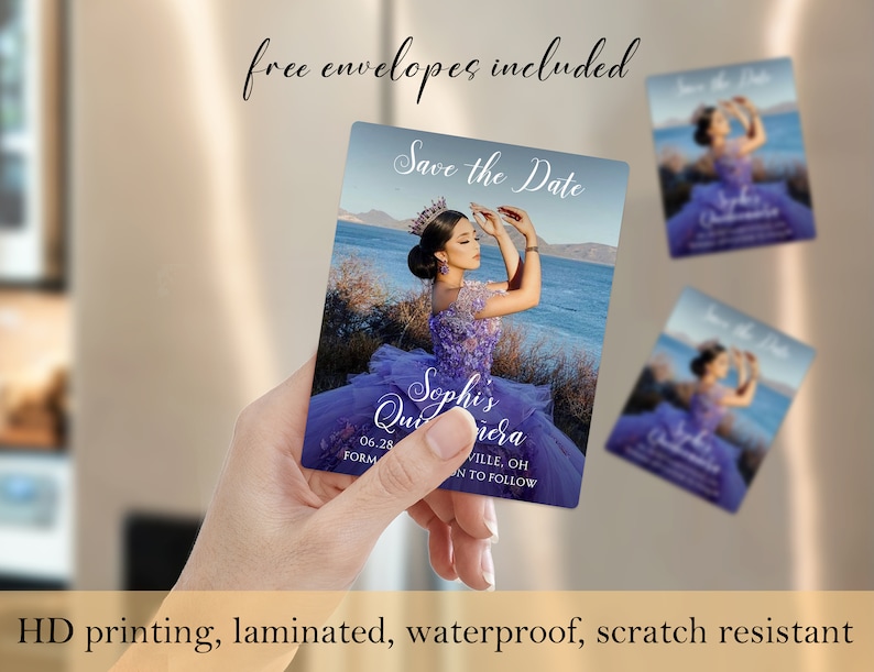 May include: Purple and gold save the date card with a photo of a young woman in a purple dress and crown. The text on the card reads "Save the Date" and "Sephi's Quincea&ntilde;era".