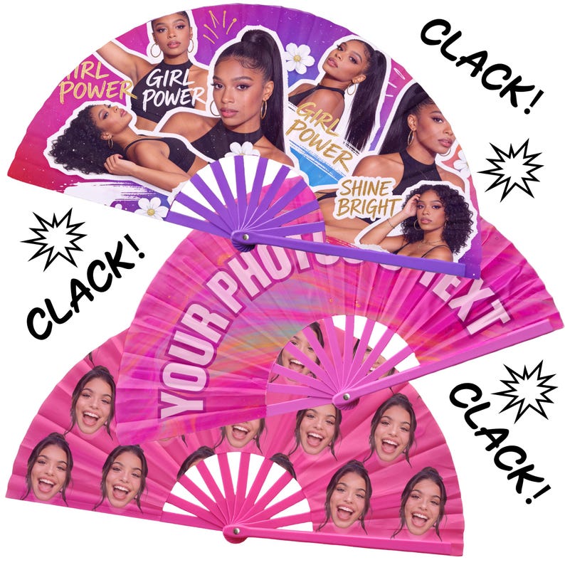 May include: Two folding hand fans with purple plastic ribs. The top fan features images of a person with the text "GIRL POWER" and "SHINE BRIGHT". The bottom fan has a pink background with repeated images of a smiling person and the text "YOUR PHOTO TEXT".
