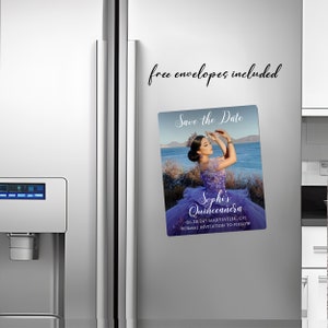 May include: Purple and white save the date magnet with a photo of a young woman in a purple dress and crown. The text reads "Save the Date", "Sophi's Quinceanera", "06.28.24 | MARYSVILLE, OH", and "FORMAL INVITATION TO FOLLOW".