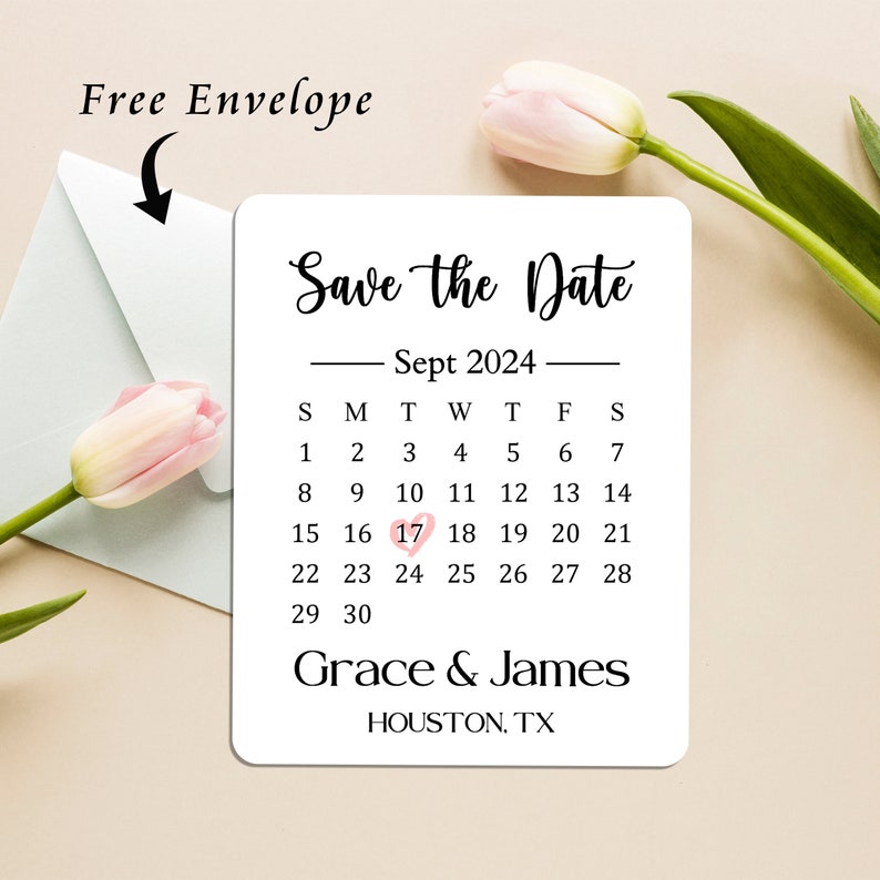 Puede incluir: Tarjeta "Save the Date" con un calendario para septiembre de 2024, con un coraz&oacute;n marcando el 17. La tarjeta dice "Save the Date" y "Grace & James" con la ubicaci&oacute;n "HOUSTON, TX".