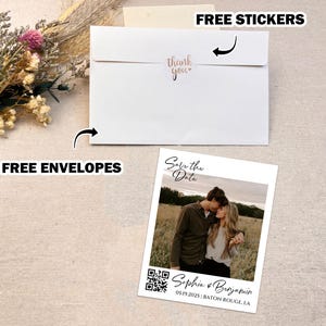 May include: Save the Date card featuring a photograph of a couple in a field. The card is white with black text and a QR code. The text reads "Save the Date", "Sophia & Benjamin", "05.19.2025", and "BATON ROUGE, LA".