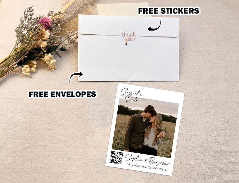 May include: Save the Date card featuring a photograph of a couple in a field. The card is white with black text and a QR code. The text reads "Save the Date", "Sophia & Benjamin", "05.19.2025", and "BATON ROUGE, LA".