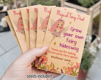 Puede incluir: Un paquete de semillas de papel marrón con una ilustración de hada y el texto "Magical Fairy Dust Grow your own fairy hideaway Thank you for making Oliva's party fairy special Wildflower seeds seeds included".