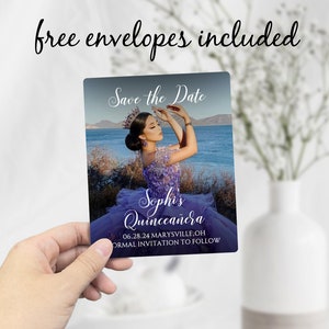 May include: Save the Date card for a Quincea&ntilde;era with a photo of a young woman in a purple dress and crown. The text on the card reads "Sophia's Quincea&ntilde;era 06.28.24 MARYSVILLE, OH FORMAL INVITATION TO FOLLOW"