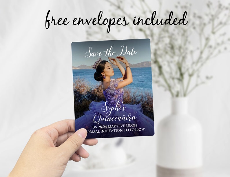 May include: Save the Date card for a Quincea&ntilde;era with a photo of a young woman in a purple dress and crown. The text on the card reads "Sophia's Quincea&ntilde;era 06.28.24 MARYSVILLE, OH FORMAL INVITATION TO FOLLOW"