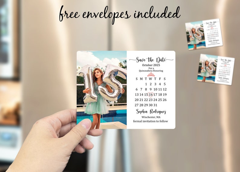 May include: Save the Date card for a Quincea&ntilde;era in October 2025. The card features a photo of a girl holding silver number balloons and a calendar with the date highlighted. The text "Sophin Rodriguez" is printed on the card.