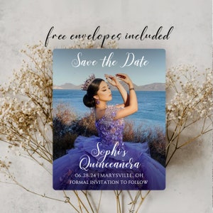 May include: Save the Date card for a Quincea&ntilde;era. The card features a photo of a young woman in a purple dress with a crown on her head. The text on the card reads "Sephi's Quincea&ntilde;era" and includes the date "06.28.24" and location "MARYSVILLE, OH". The card also states "FORMAL INVITATION TO FOLLOW".