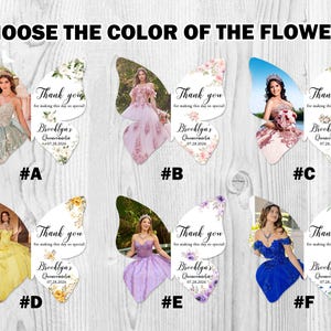May include: Six butterfly-shaped thank you cards with different floral designs. Each card features a photo of a young woman in a formal dress and the text "Thank you for making this day so special!" with the name "Brooklyn's Quincea&ntilde;era" and a date.