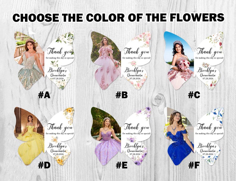 May include: Six butterfly-shaped thank you cards with different floral designs. Each card features a photo of a young woman in a formal dress and the text "Thank you for making this day so special!" with the name "Brooklyn's Quincea&ntilde;era" and a date.