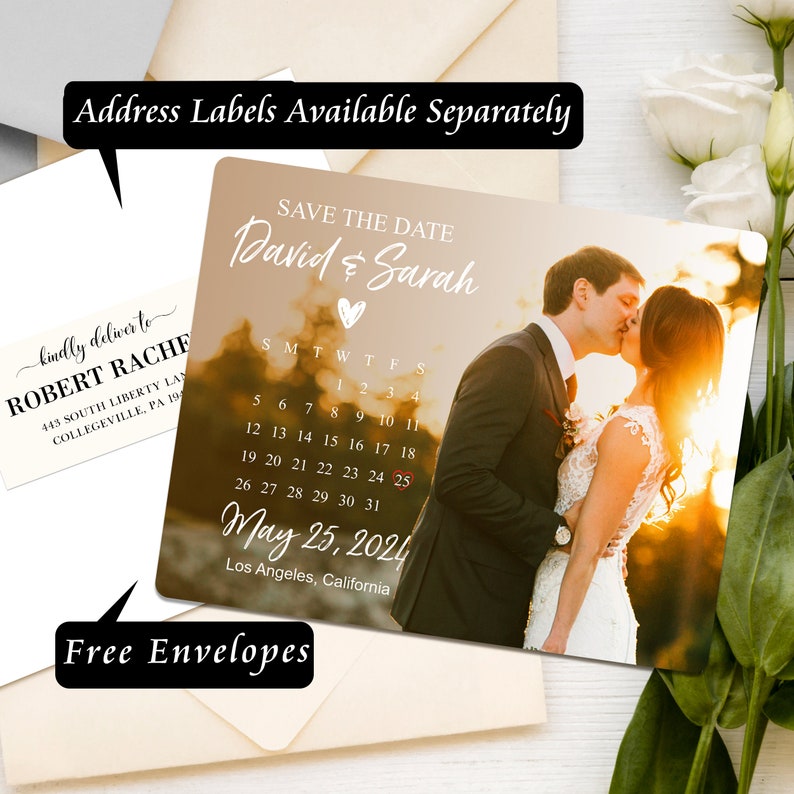 May include: Save the date card with a photo of a couple kissing in front of a sunset. The card has a calendar with the date May 25, 2024 circled in red. The text "Save the Date" and "David & Sarah" are written in cursive.