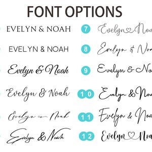 May include: A white background displays "FONT OPTIONS" in black text. Below, twelve font styles are shown, each with the names "EVELYN & NOAH" in various cursive and block letter fonts. Each font option is numbered with a teal circle.