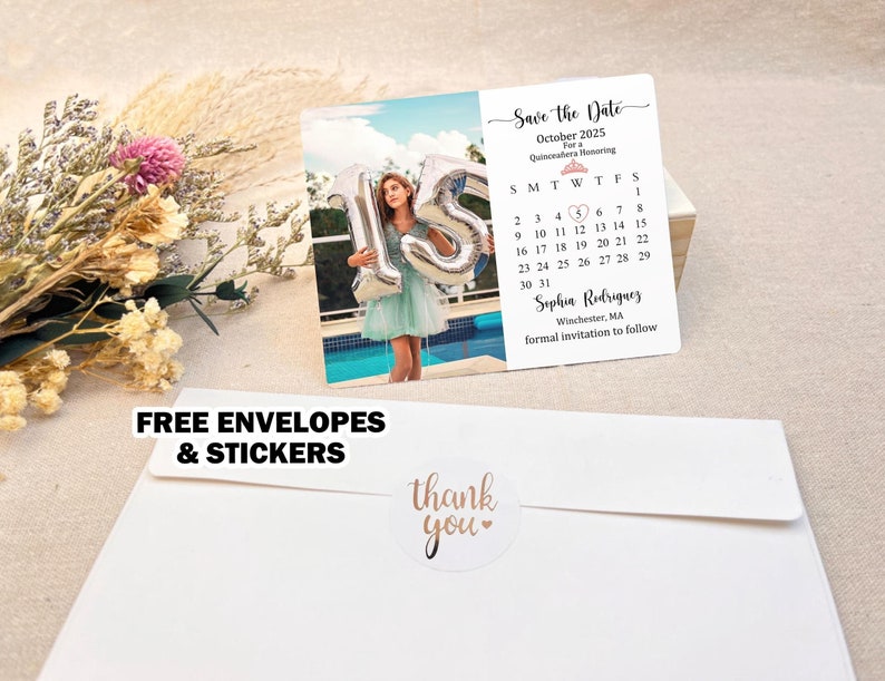 May include: Save the Date card for a Quincea&ntilde;era celebration. The card features a calendar with the date circled in pink, a photo of a young woman holding silver balloons, and the text "Sophia Rodriguez" and "Winchester, MA".