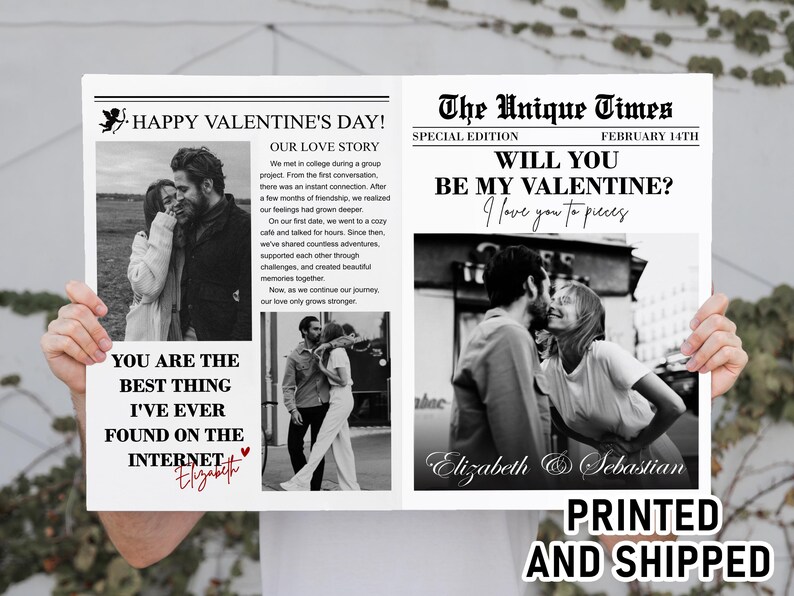 K&ouml;nnte beinhalten: Ein schwarz-wei&szlig;es Zeitungsdruck im Stil einer Zeitung zum Valentinstag. Die Schlagzeile lautet "Will You Be My Valentine?" mit dem Text "I love you to pieces" darunter. Der Druck zeigt zwei Paare auf Schwarzwei&szlig;fotos. Der Text "Elizabeth & Sebastian" befindet sich am unteren Rand des Drucks.