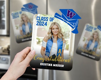 May include: A graduation magnet with a photo of a woman wearing a blue graduation gown and a gold tassel. The magnet has a blue graduation cap with a white "W" on it and the text "CLASS OF 2024" in blue. The text "Congratulations!" and "KRISTINA MADDEN" are in gold on a black background.