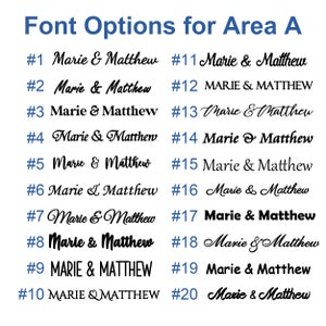 May include: A chart of 20 different font options for the names "Marie & Matthew". Each font style is numbered from 1 to 20.