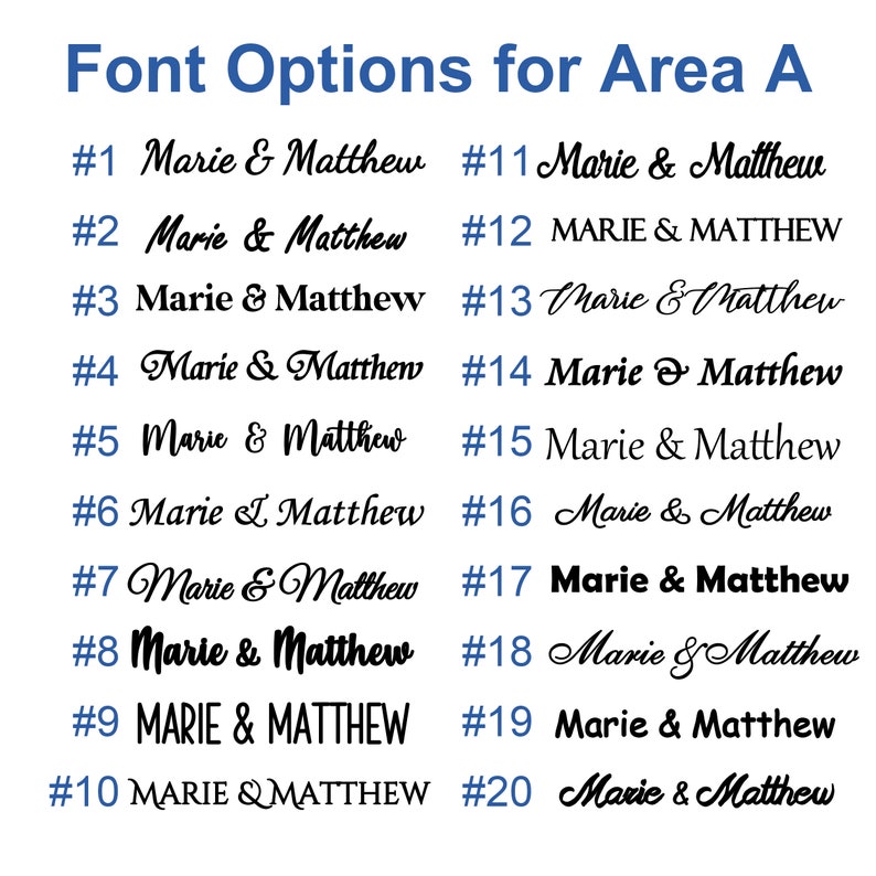 May include: A chart of 20 different font options for the names "Marie & Matthew". Each font style is numbered from 1 to 20.