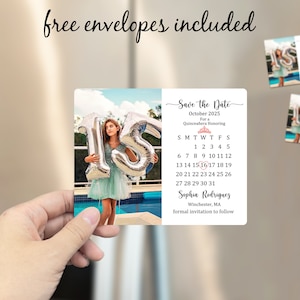 May include: Save the Date card for a Quincea&ntilde;era in October 2025. The card features a photo of a girl holding silver number balloons in front of a pool. The card includes a calendar with the date highlighted.