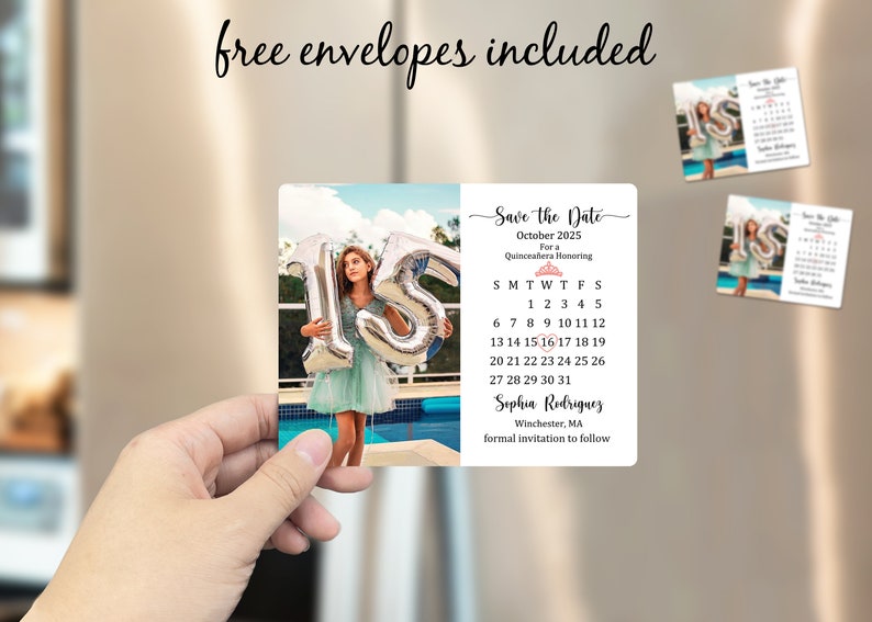 May include: Save the Date card for a Quincea&ntilde;era in October 2025. The card features a photo of a girl holding silver number balloons in front of a pool. The card includes a calendar with the date highlighted.