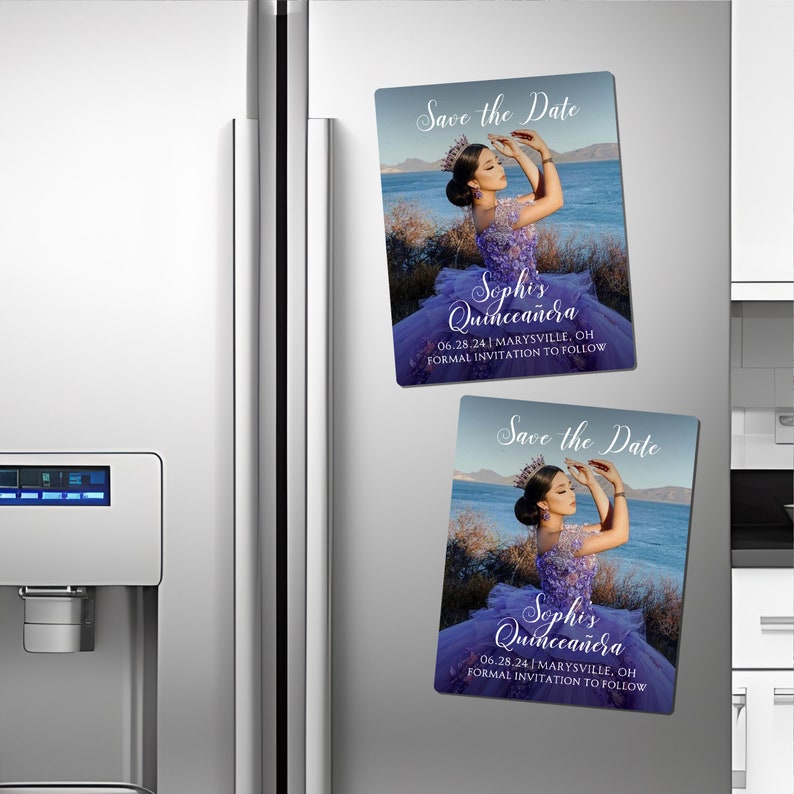 May include: Two purple and white save the date magnets with a photo of a young woman in a purple dress and crown. The text on the magnets reads "Save the Date" and "Sophis Quincea&ntilde;era" with the date and location of the event.