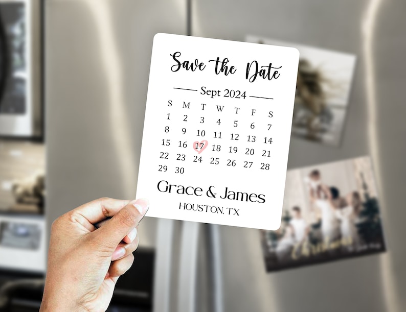 Puede incluir: Im&aacute;n de "Save the Date" con un calendario para septiembre de 2024, con un coraz&oacute;n marcando el 17. El texto dice "Save the Date - Sept 2024 - Grace & James - HOUSTON, TX"