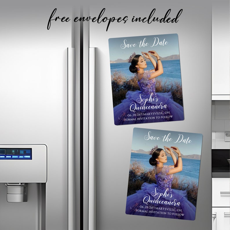 May include: Two purple and white save the date magnets with a photo of a young woman in a purple dress. The text on the magnets reads "Save the Date" and "Sophi's Quincea&ntilde;era" with the date and location.