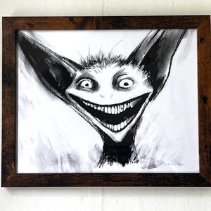 Framed Original Bat Goblin, Charcoal Drawing, 11”x9”, horror strange weird, creature monster picture