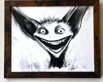 Framed Original Bat Goblin, Charcoal Drawing, 11”x9”, horror strange weird, creature monster picture