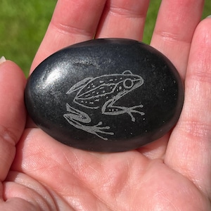 May include: A smooth, black stone with a detailed etched design of a frog. The frog illustration is in a light color, contrasting against the dark stone. The stone is oval-shaped and held in a hand.