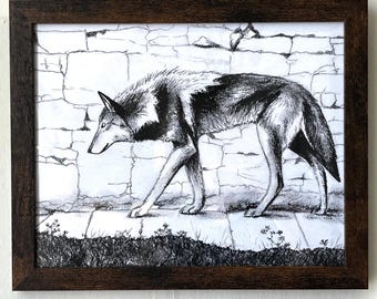 Framed Original Wolf Stone Wall Charcoal Drawing, Fine Art, 11”x9” animal picture
