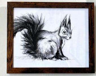 Framed Original Squirrel Charcoal Drawing, Fine Art, 11”x9”, animal picture