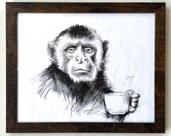 Framed Original Monkey Drinking Coffee Charcoal Drawing, 11”x9”, Fine Art, funny animal picture, capuchin