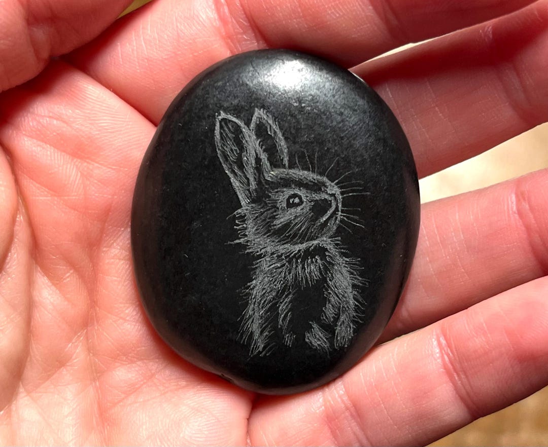 Rabbit Engraved Cute Rabbit Stone, Hand-engraved Black River Rock, Polished Garden ...