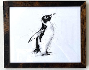 Framed Original Penguin Charcoal Drawing, Fine Art, 11”x9”, animal picture, bird