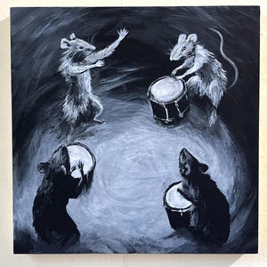 Rat Drum Circle, Original Acrylic Painting 8x8, rats music mice
